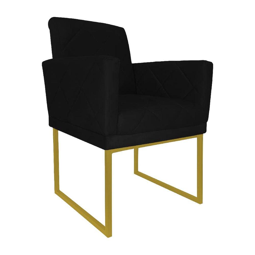 Poltrona Recepção Klara Suede Preto Base Industrial Dourada - Vallisa Decor