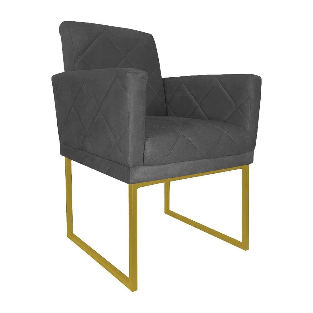Poltrona Recepção Klara Suede Cinza Base Industrial Dourada - Vallisa Decor