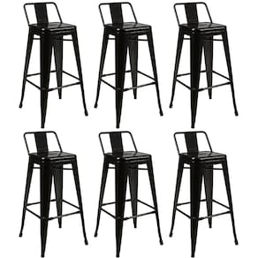 Kit 6 Banquetas Alta Tolix Design Industrial com Encosto para Cozinhas/Bancadas - Preto