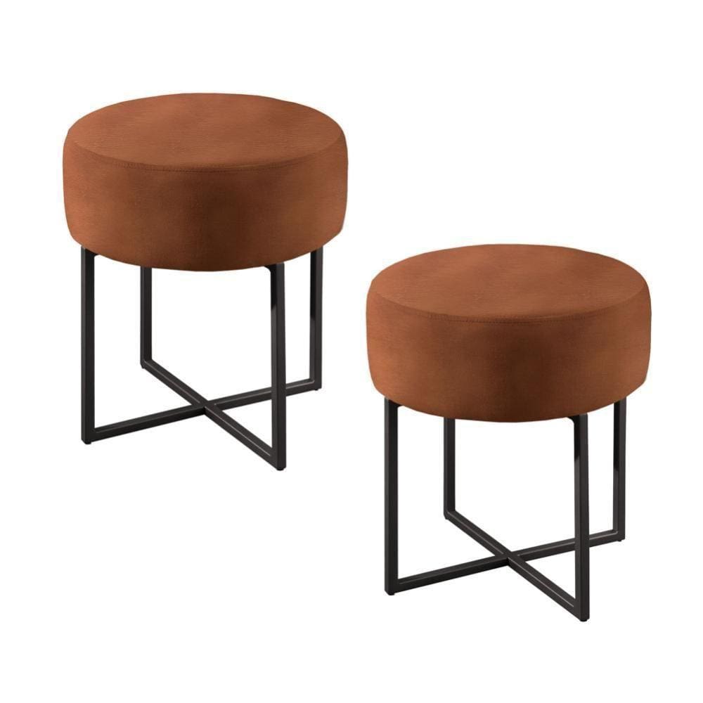 Conjunto - 2 Puffs Banqueta Otávio Base Metálica Preta Luxo Corino Caramelo