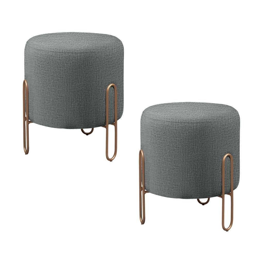 Conjunto - 2 Puffs Banqueta Mali Luxo Base Metálica Bronze Linho Cinza