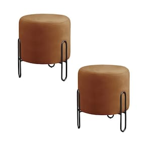 Conjunto - 2 Puffs Banqueta Mali Luxo Base Metálica Preta Corino Caramelo