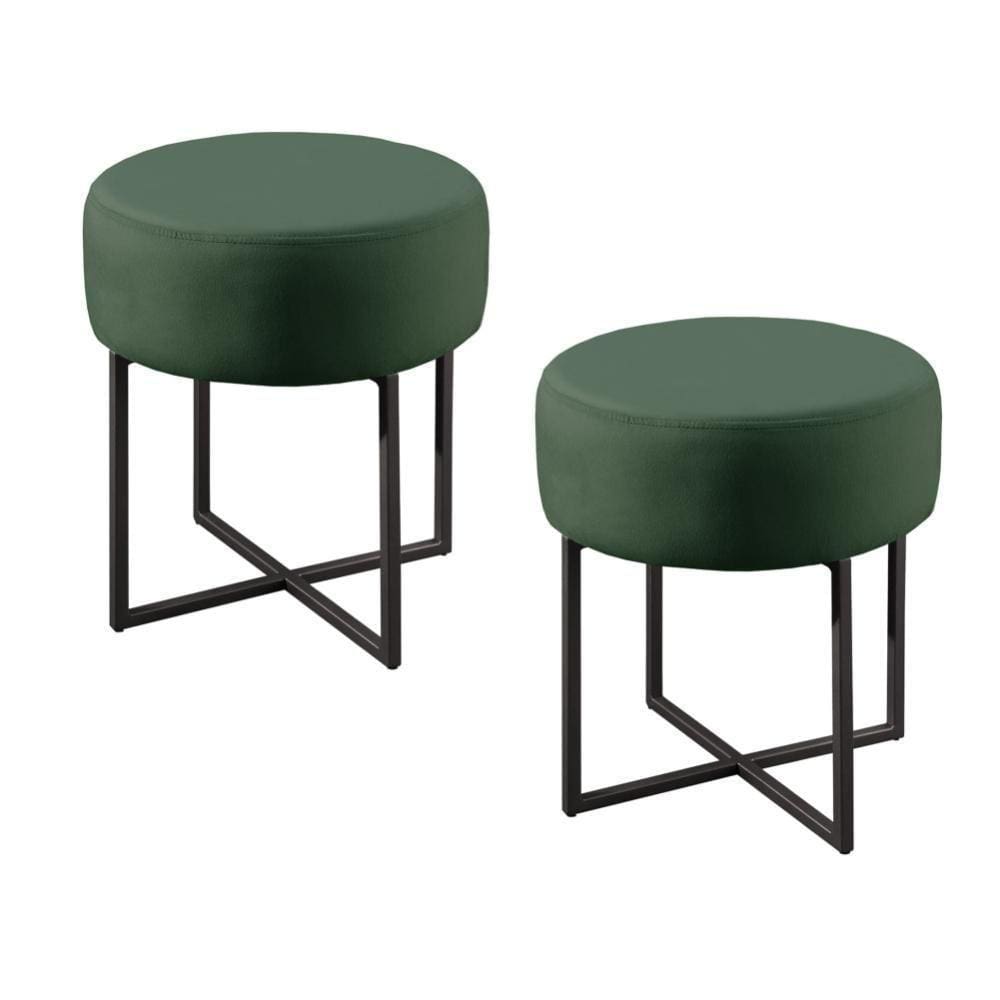 Conjunto - 2 Puffs Banqueta Otávio Base Metálica Preta Luxo Veludo Verde