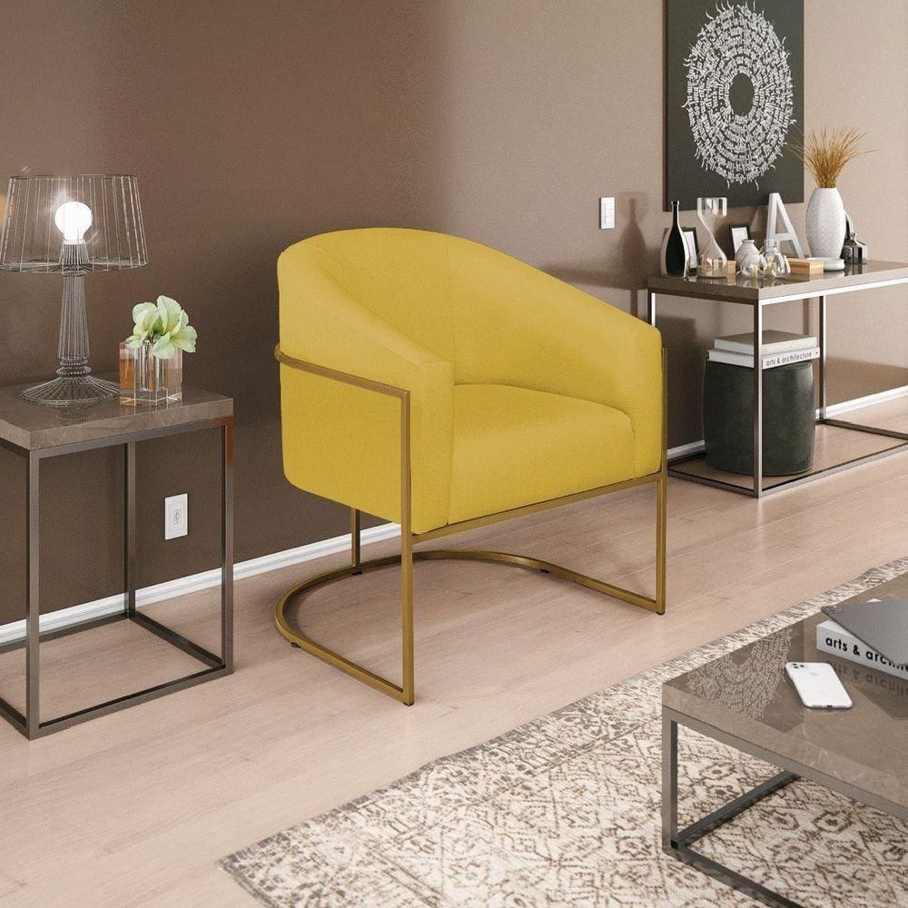 Poltrona Decorativa Luiza Base De Ferro Dourado Suede - Doce Sonho Móveis Amarelo