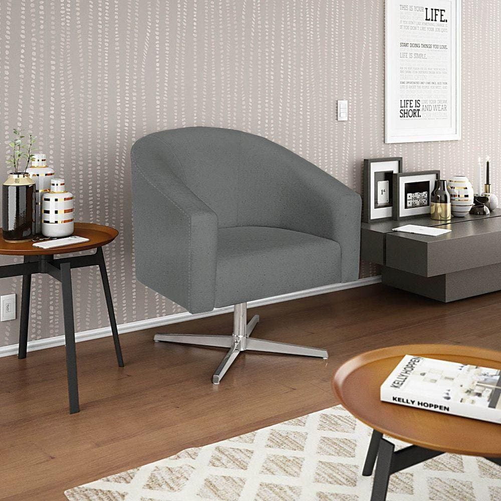 Poltrona Decorativa Luiza Base Giratória De Metal Suede - Doce Sonho Móveis Cinza