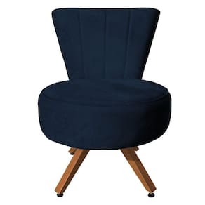 Poltrona Cadeira Costurada Elegância Veludo Azul Marinho Base Giratória Castanho - Pallazio
