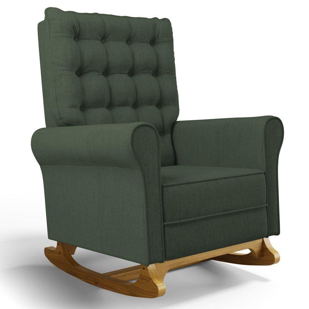 Poltrona De Amamentação E Descanso Base Madeira Com Balanço Brenda G05 Linho Verde - Mpozenato