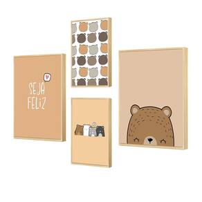 Kit 4 Quadros Decorativos Urso Marrom Bege Quarto Infantil