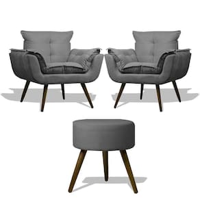 Kit 2 Poltronas Opalas Com Puff Redondo Suede Grafite