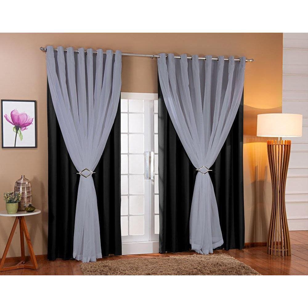 Cortina De Voil Com Forro Blackout Tecido 3,00X2,30 Sala E Quarto Preto/Cinza
