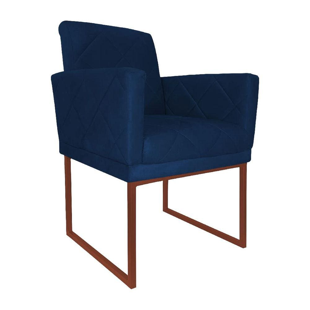Poltrona Recepção Klara Suede Azul Marinho Base Industrial Cobre - Vallisa Decor