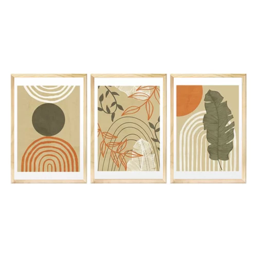 Kit 3 Quadros Decorativos Formas Abstrato Verde 40x60 Moldura Pinus