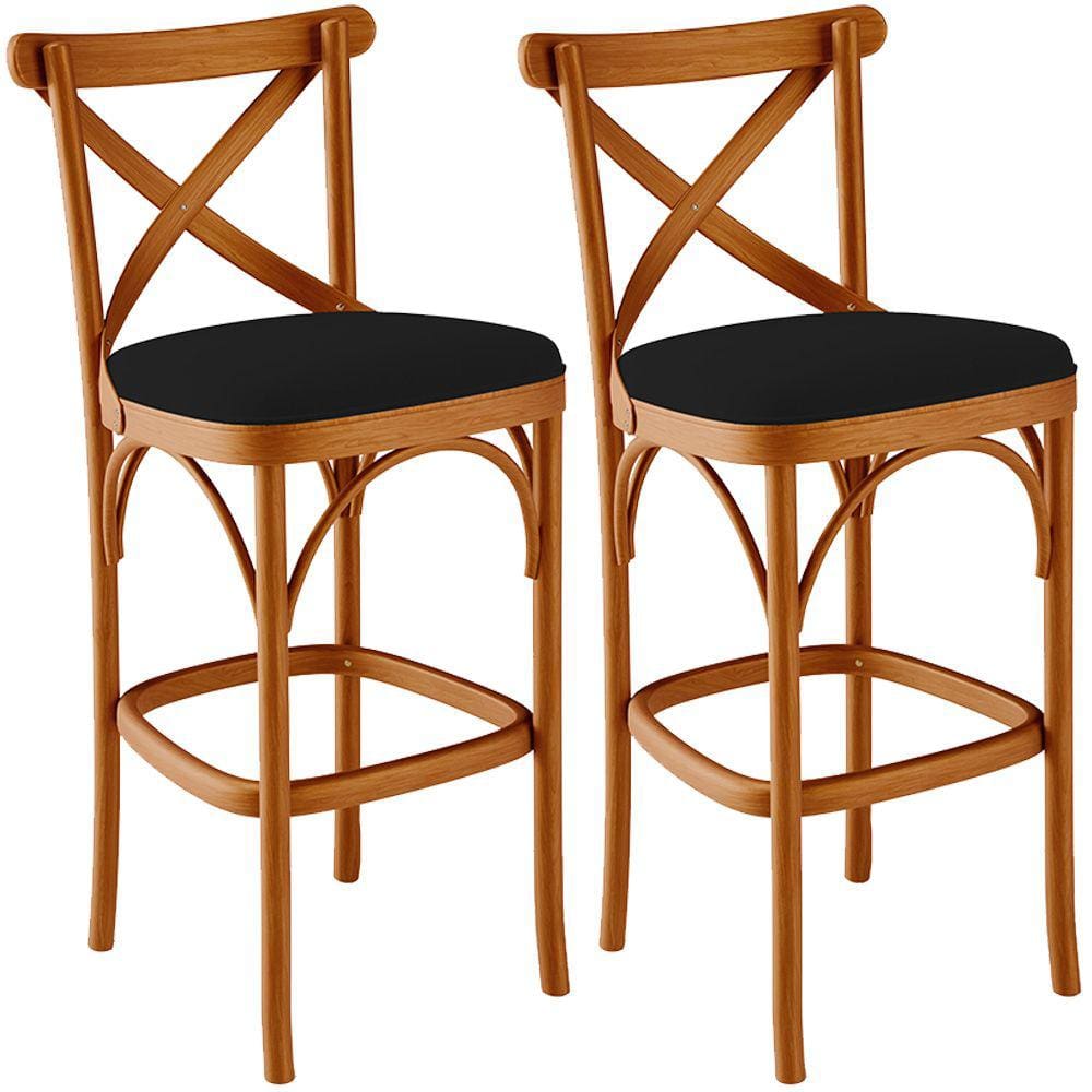 Kit 02 Banquetas Altas Cozinha Bancada Bar Sala de Jantar Estofada Ávila L02 Suede Preto - Lyam