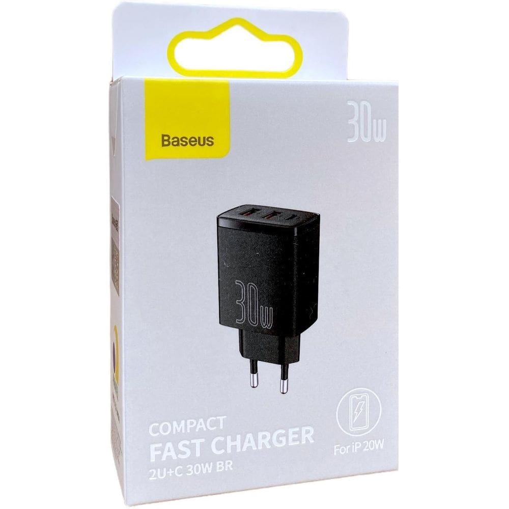 Carregador Baseus 30W 2 Entradas USB+1 Tipo C Preto