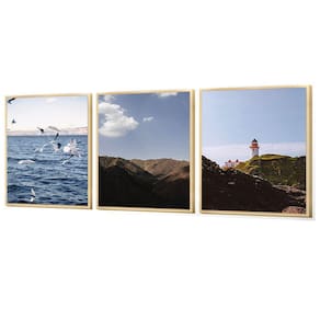Kit 3 Quadros Decorativos Passáros Céu Mar Farol Praia