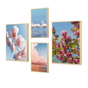 Kit 4 Quadros Paisagem Natureza Azul Rosa Flor Árvore Quarto