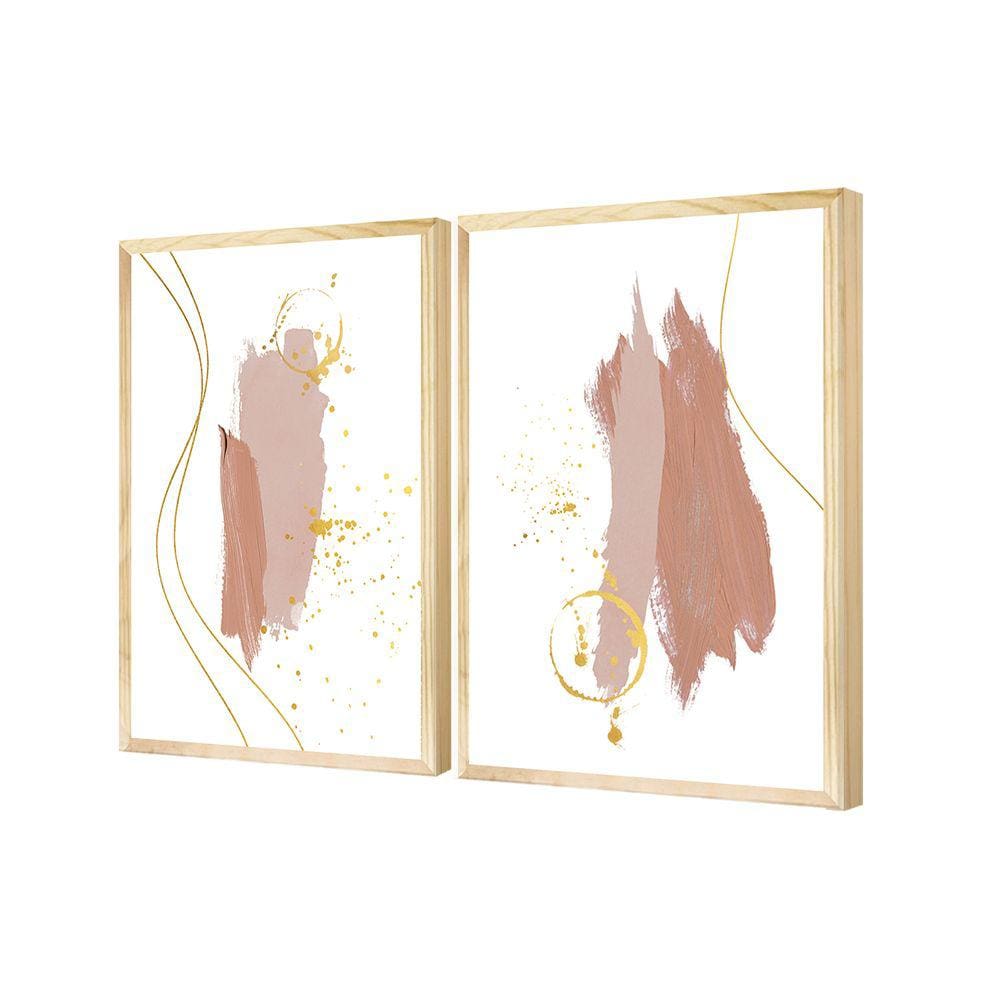 Dupla de Quadros Decorativos Arte Dourado Rosa Escritório
