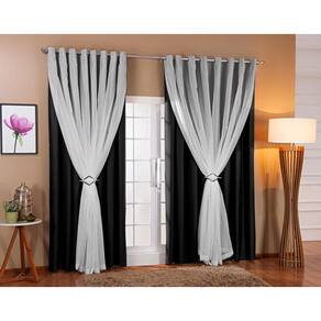Cortina De Voil Com Forro Blackout Tecido 4,00X2,50 Sala E Quarto Preto/Branco
