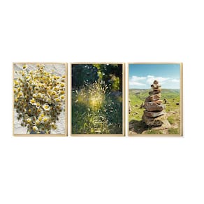 Kit 3 Quadros Decorativos Rochas Folhagens Verde Escritório
