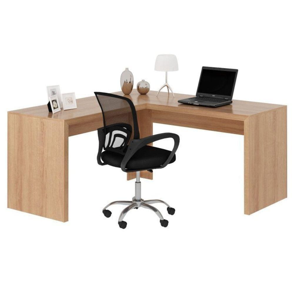 Mesa para Escritório em L Angular Me4116 com Cadeira Diretor Tela Mesh Tok 3310 Amendoa
