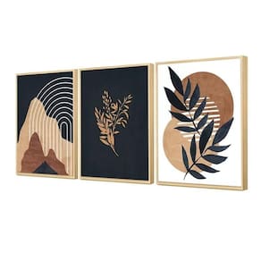 Kit 3 Quadros Abstrato Azul Boho Formas Bege Marrom Folhagem