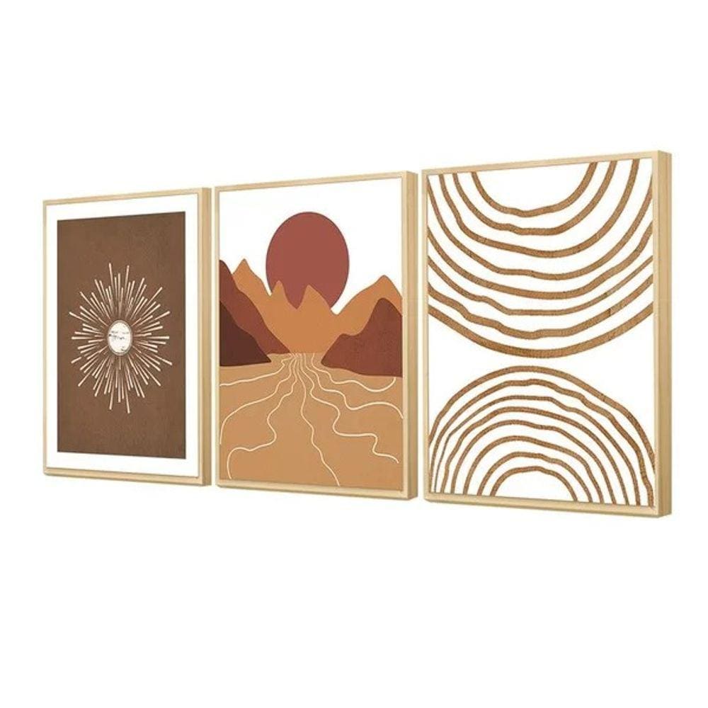 Kit 3 Quadros Abstrato Boho Moderno Formas Bege Sol