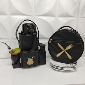 Kit Mateira e Porta Pratos Personalizado Couro Cor Preta - Coutre Bolsas