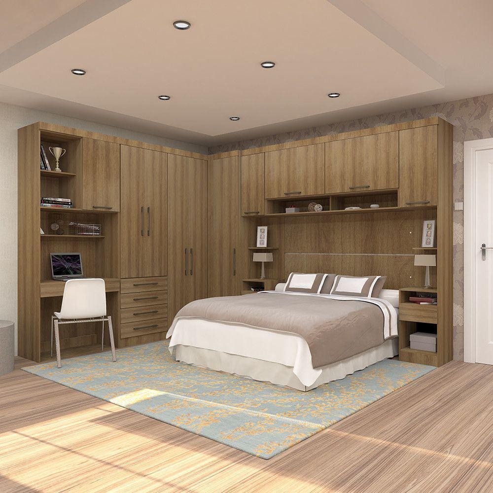 Quarto de Canto Casal com Guarda Roupas Cabeceira e Bancada Home Office Paris Luciane Móveis