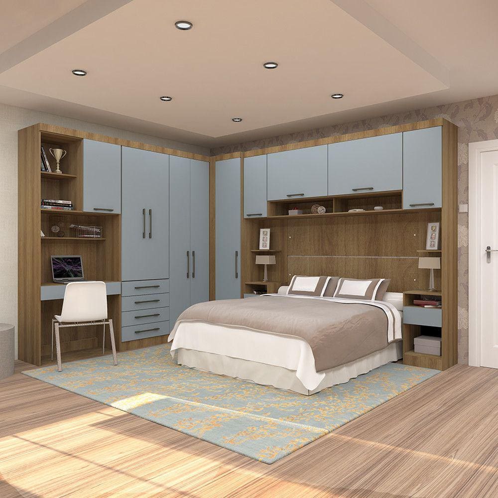 Quarto de Canto Casal com Guarda Roupas Cabeceira e Bancada Home Office Paris Luciane Móveis