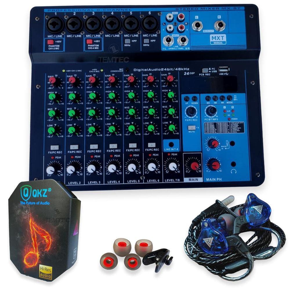Console Mesa De Som Mixer 8 Canais Phantom Bluetooth Azul