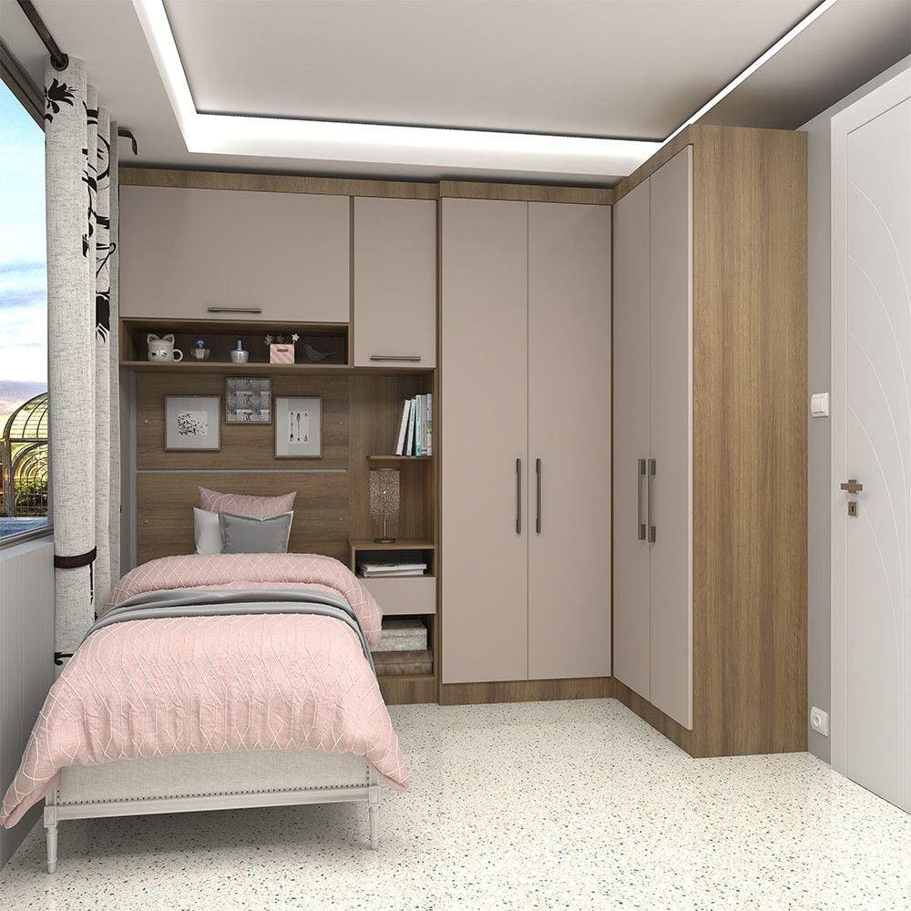 Quarto de Canto Solteiro com Guarda Roupas Cabeceira e Mesa de Cabeceira Paris Luciane Móveis