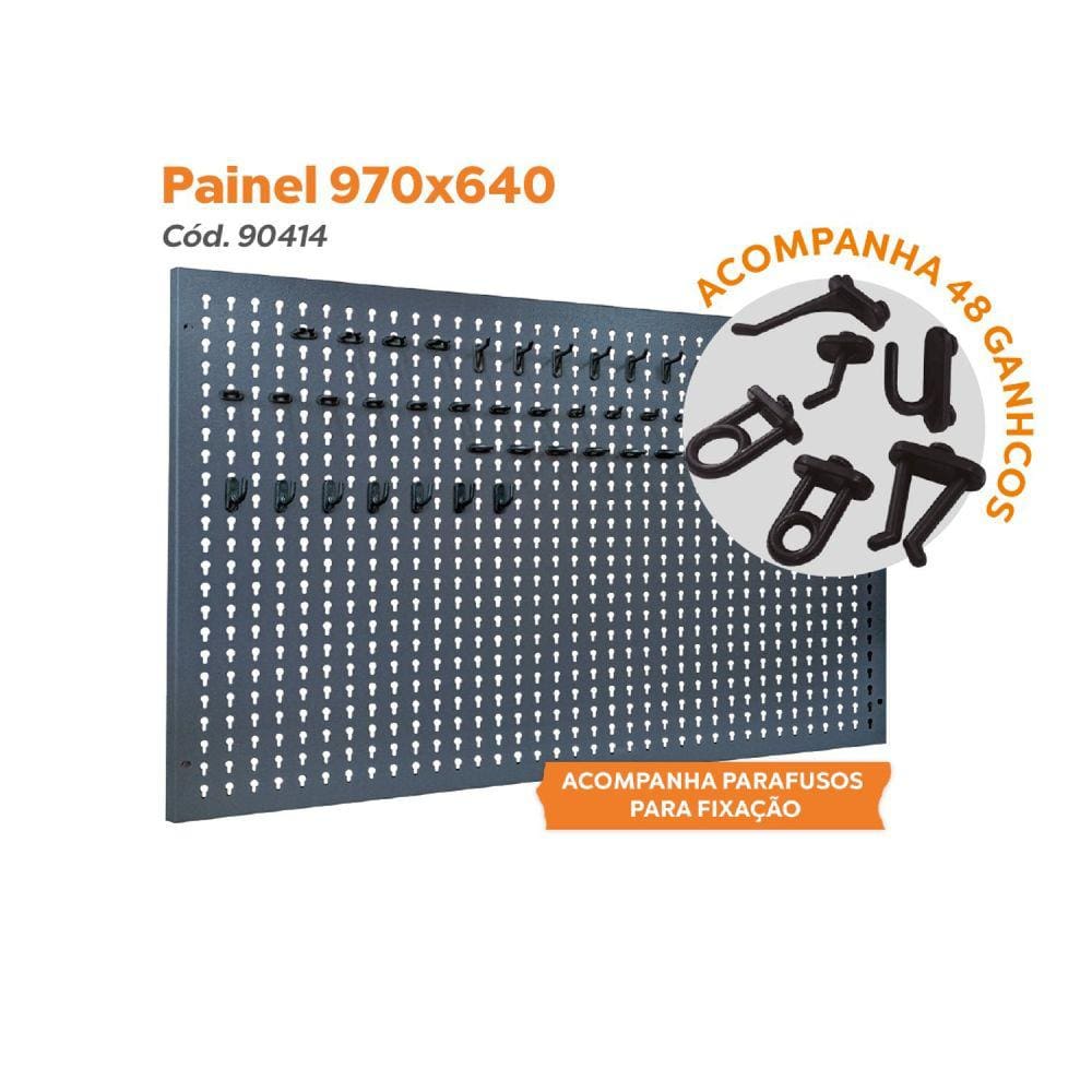 Painel para Ferramentas em aço 970 x 640 com 48 ganchos plásticos