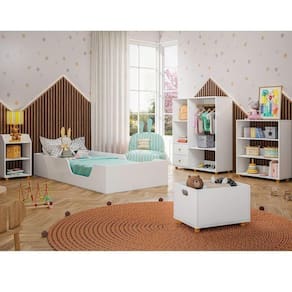Quarto Infantil Completo com Cama Guarda Roupa Estante Mesa de Cabeceira e Baú Serelepe Branco