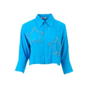 Camisa Linho Com Bordado Manual M Azul Magnifico