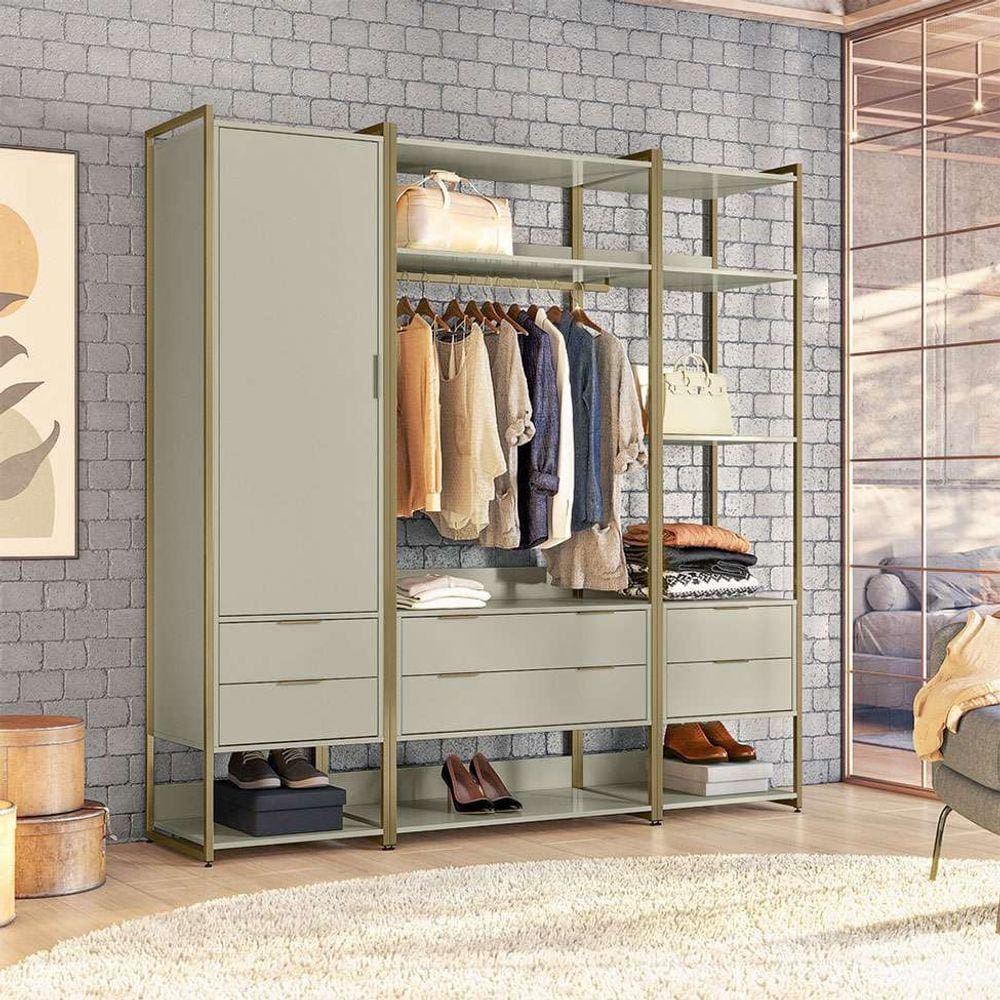 guarda-roupa closet industrial mital 1 pt 6 gv off white e dourado