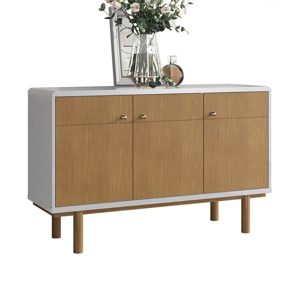 Aparador Buffet Balcão 3 Portas Cantinho Café Bordas Arredondadas Pés Madeira Sala Cozinha Catar - Tauari/Off White - RPM