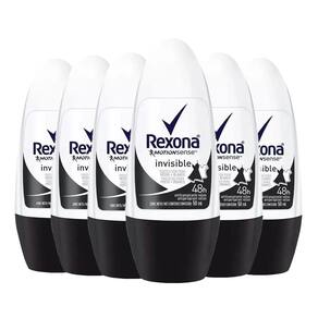 Kit Desodorante Roll On Rexona Invisible Feminino 50ml - 6 Unidades