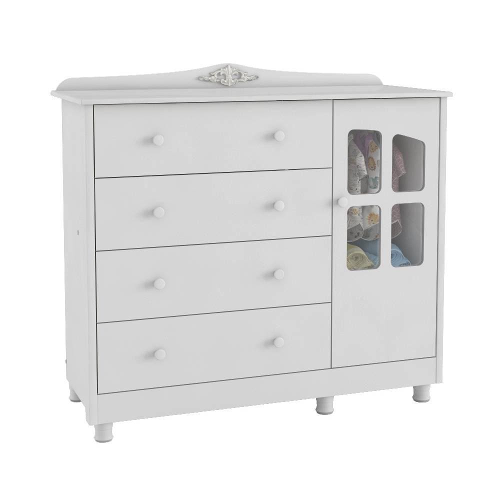 Cômoda de Bebê 1 Porta com Janela e 4 Gavetas Elô New Móveis Peroba Branco Brilho