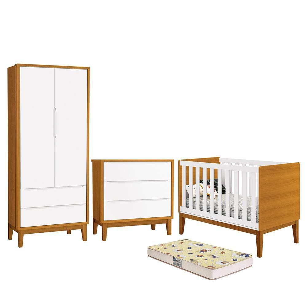 Dormitório Infantil Classic 2 Portas, Cômoda, Berço com Pés Amadeirado e Colchão D18 - Reller Móveis