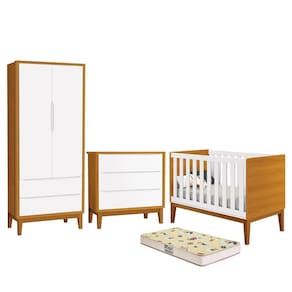 Dormitório Infantil Classic 2 Portas, Cômoda, Berço com Pés Amadeirado e Colchão D18 - Reller Móveis