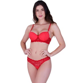 Conjunto fio sensual com bojo e arco em poliamida lisa e renda vermelho
