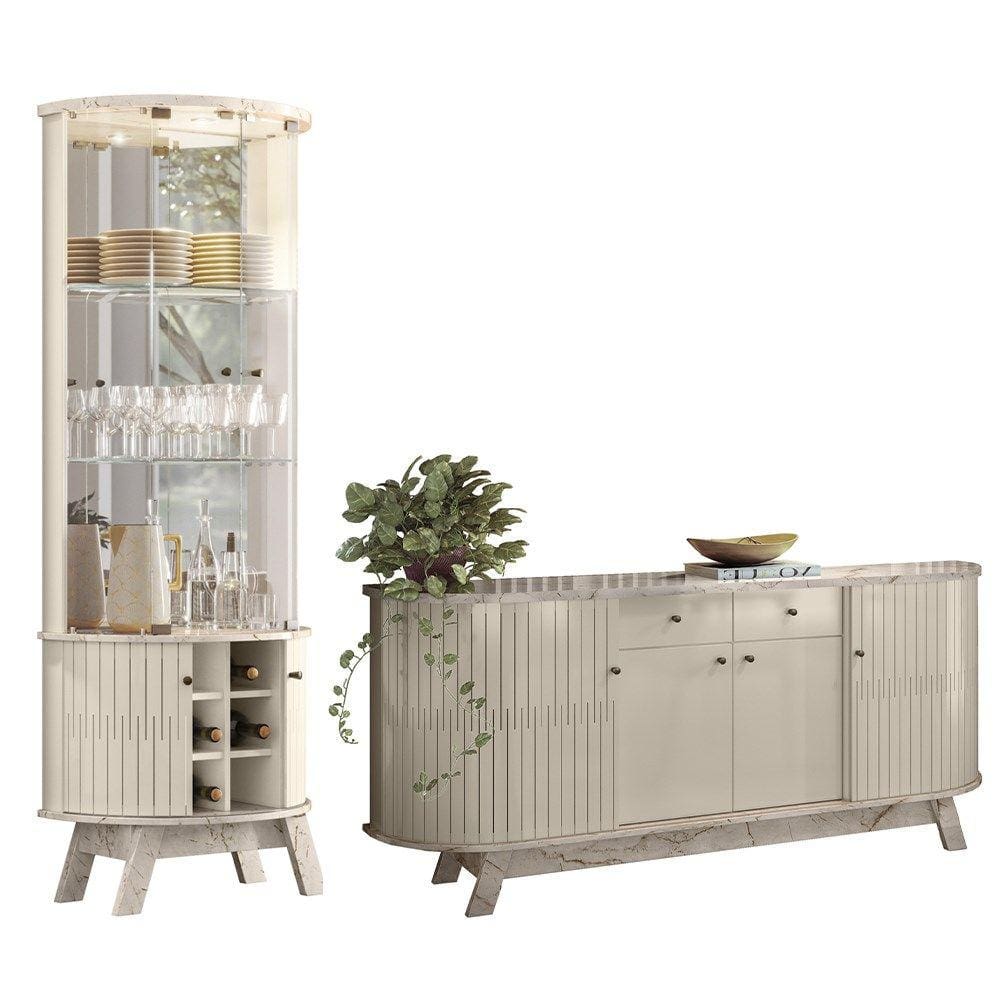 Balcão Buffet Mônica 183cm e Cristaleira Melina M01 Calacata/Off White - Mpozenato
