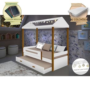 Beliche Montessoriana Infantil Sara Solteiro C/ Led e Colchões - Branco/amêndoa Incluso Lousa Mágica