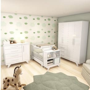 Quarto de Bebê com Berço 2 em 1 Guarda Roupa Cômoda Estante e Trocador Kakau Retrô Espresso Móveis Branco