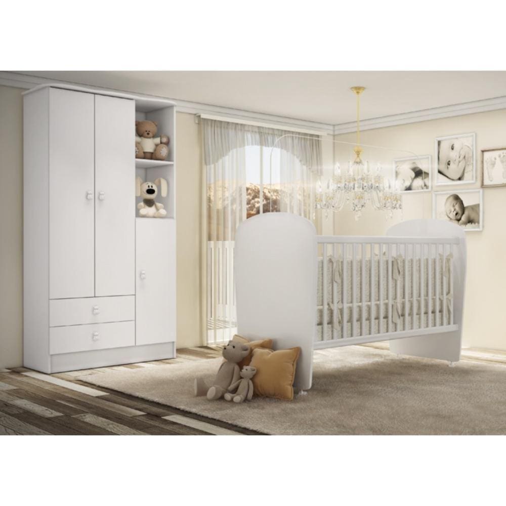 Quarto de Bebê Completo Guarda Roupa 3 Portas 2 Gavetas com Berço Lua Móveis Percasa Branco