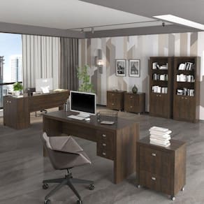 Conjunto Home Office 8 Peças com 2 Mesas, 3 Gaveteiros, 2 Estantes e 1 Balcão Rústico