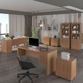 Conjunto Home Office 8 Peças com 2 Mesas, 3 Gaveteiros, 2 Estantes e 1 Balcão Amendoa