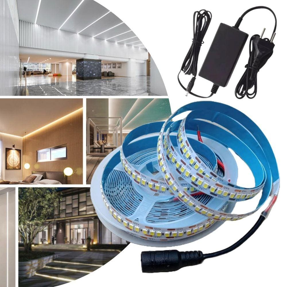 Fita De Led Adesiva 2835 Rolo De 5M Com 240 Leds 12V Plug P4 Com Fonte Para Decorações Perfis Sancas Gesso Parede Teto