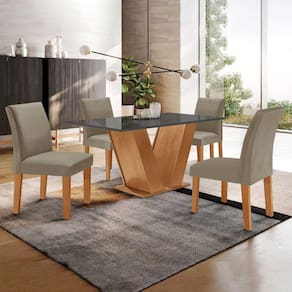 Conjunto Sala de Jantar Mesa 120x80cm Tampo MDF/Vidro com 4 Cadeiras Espanha Yescasa Cinamomo/Grafite/Suede Marrom Claro