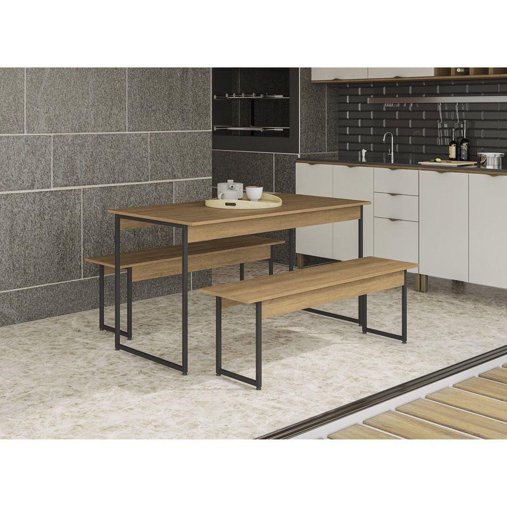 Mesa de Jantar com 2 Bancos LI013 136cm industrial Freijó/Preto Fosco